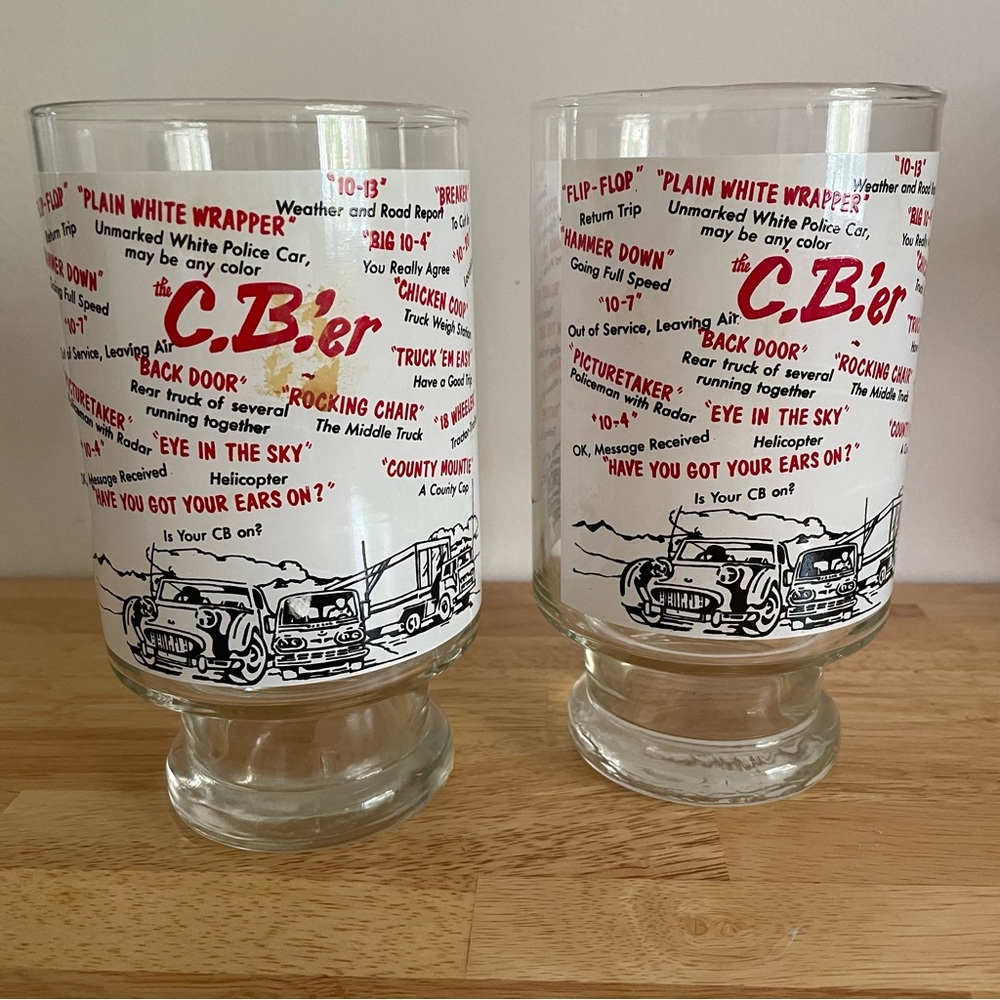 2 Vintage C.B. Radio Glasses High Ball Trucker Slang 6.75” Clear White Red